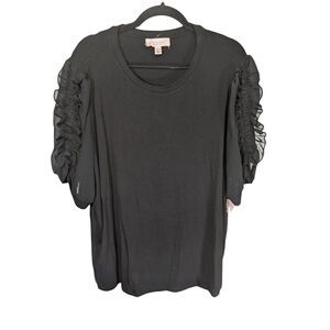 NWT Philosophy Black Boxy Viscose Blend Ruffled Short Sleeve Blouse Women's 3 XL